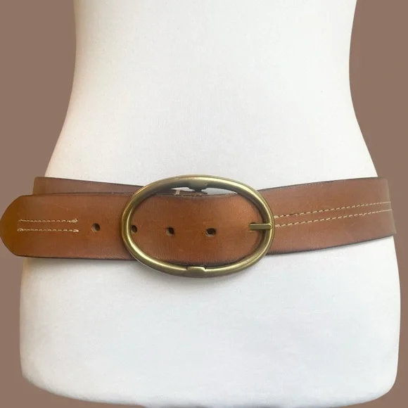 Wide Brown Leather Belt Oval Buckle 90s Size S/M - Picture 1 of 17